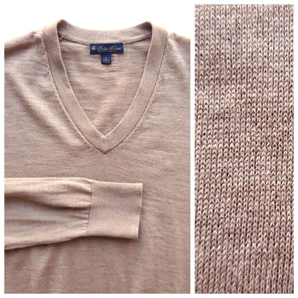 Brooks Brothers Wool Sweater Mens L Extra Fine Merino V Neck Pullover Tan Brown
